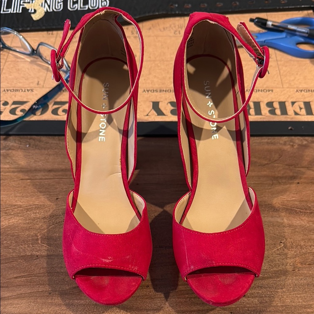 Sun + Stone Red Platform High Heels with Ankle Strap